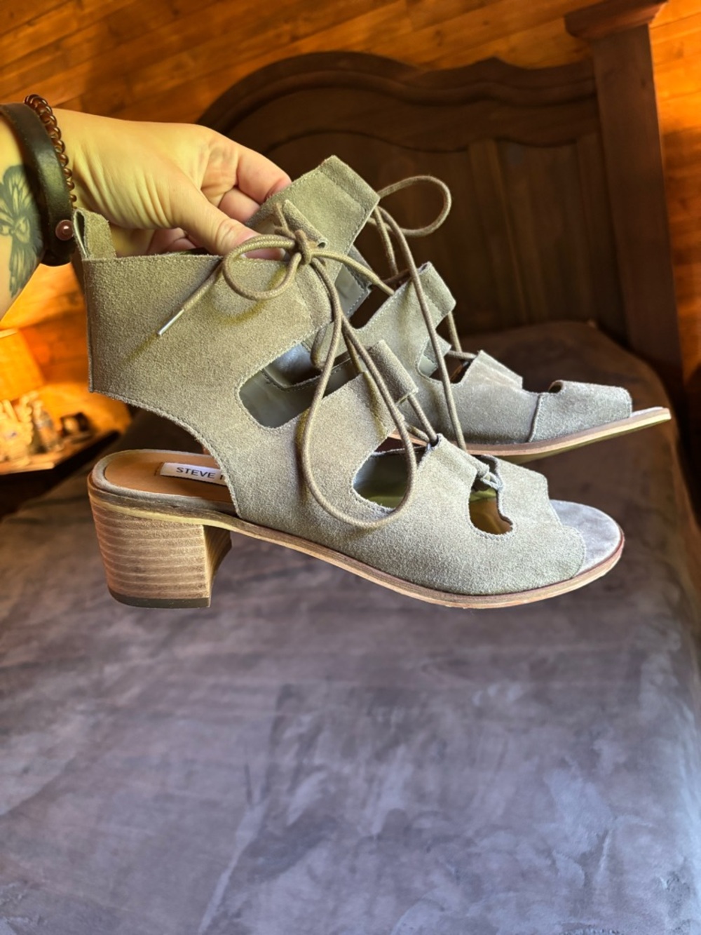 Steve Madden Alpassa Olive Gladiator Style Block Heel Sandals, Suede, Size 10